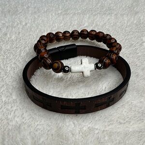 Brown Leather Cross Embossed Bracelet & Brown Tiger Wood Beaded Bracelet Cross